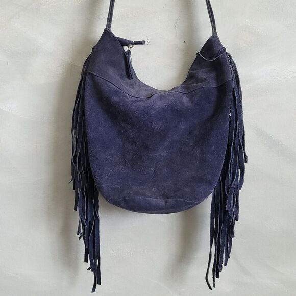 Ecote Blue Suede Side Fringe Cow Leather Bucket Sling Bag - Picture 8 of 15